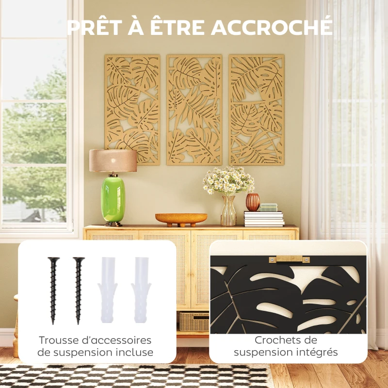 HOMCOM Ensemble de 3 Décorations Murales en Bois 3D, 40 x 80 cm, Feuilles Tropicales, Effet Bois Naturel