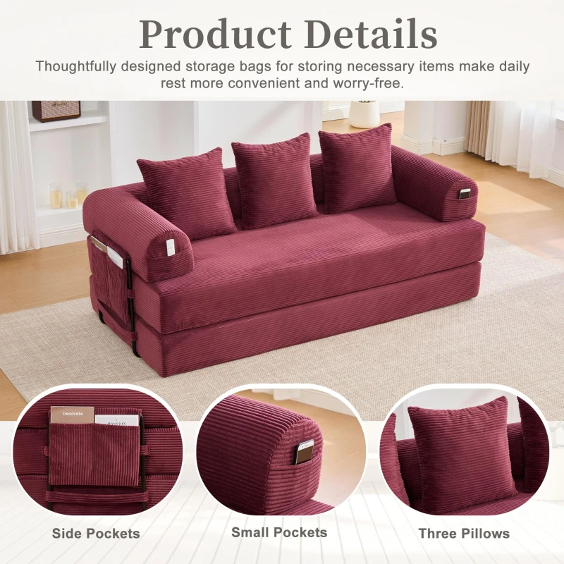Cozy Compressible Folding Sofa with Detachable Metal Frame, Soft Modular Sectional Couch for Small Apartment, 110L x 33W x 33H cm, Wine Red