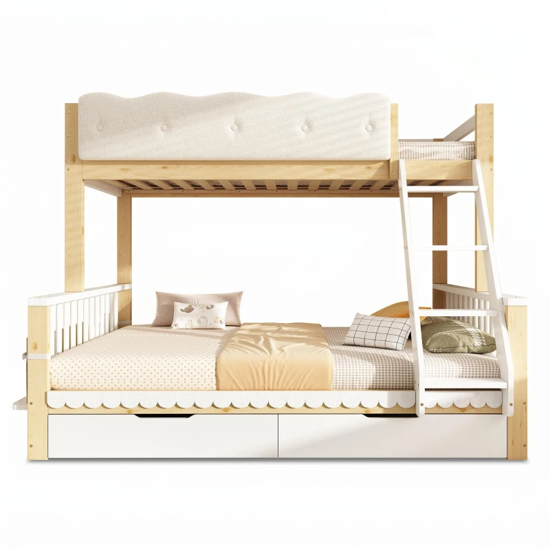 Playful Wooden Bunk Bed Frame with Storage Drawers, Solid Pine Twin Over Full Sleeper Bed for Kids Room, 195L x 140W x 154H cm, Natural+White