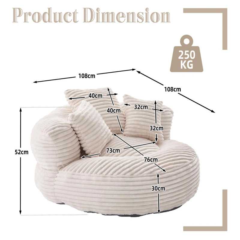 Plush Oversized Bean Bag Chair with High Back & 3 Pillows, Cozy Corduroy Floor Lounger Sofa for Living Room, 108L x 108W x 52H cm, Beige