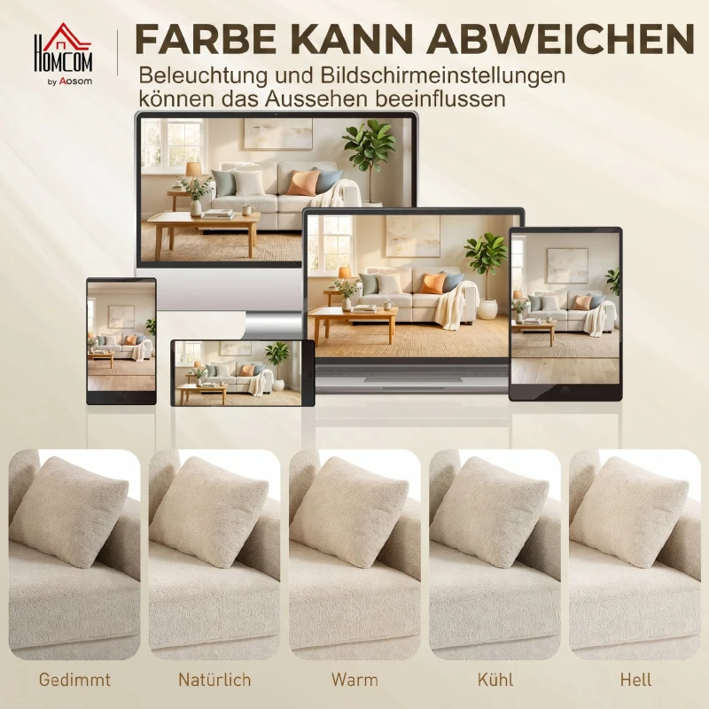 HOMCOM Beiges 3-Sitzer-Sofa mit Raindrop-Samtbezug, tiefem Sitz, Federkissen, breiten Armlehnen und 4 Kissen