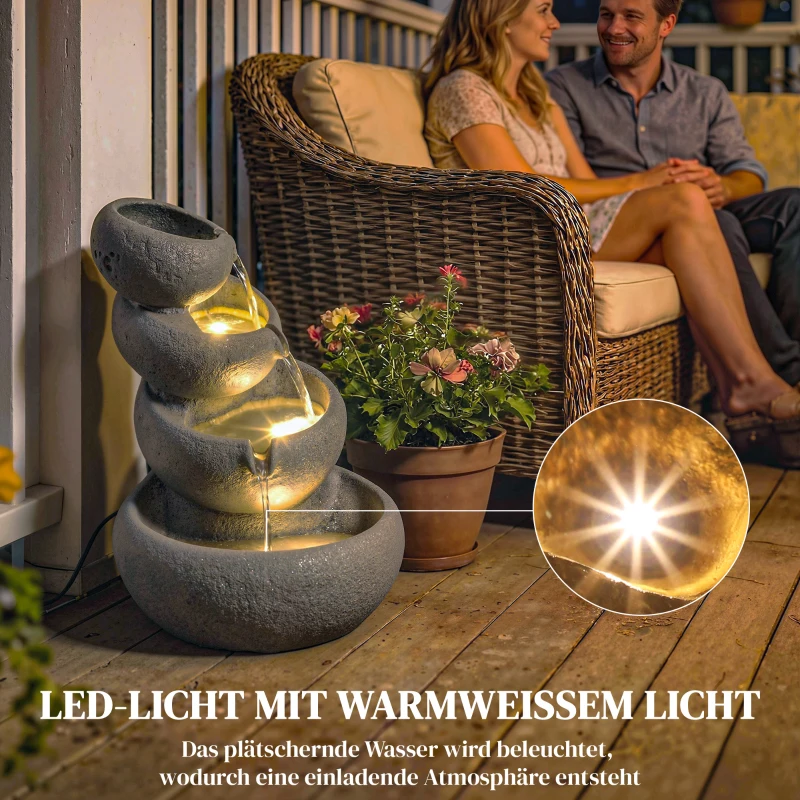 Outsunny Springbrunnen Outdoor aus Kunstharz 4-stufig Gartenbrunnen mit LED Beleuchtung Pumpe Steinoptik 35 x 32 x 50 cm