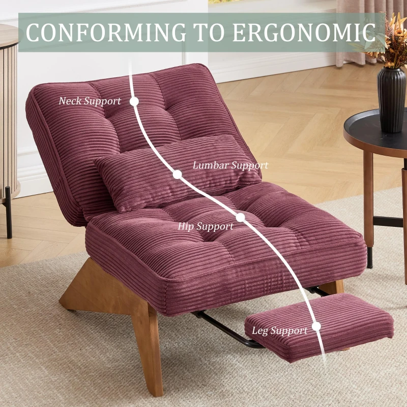 Cozy Reclining Accent Chair with Foldable Ottoman and Lumbar Pillow, Soft Adjustable Lounger for Living Room, 127L x 73W x 90H cm, Wine Red