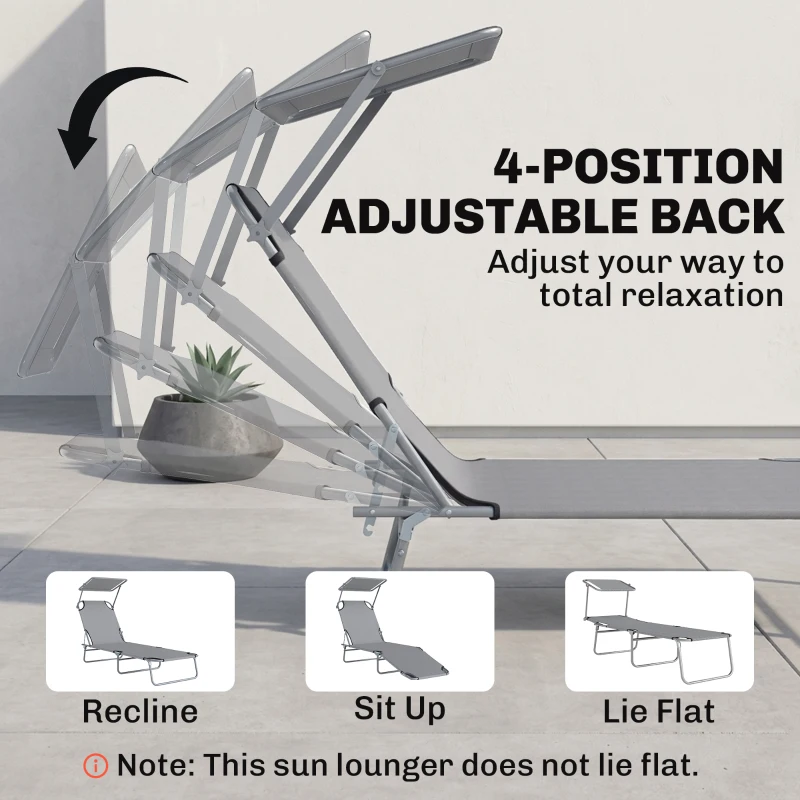 Outsunny Outdoor Foldable Sun Lounger, 4 Level Adjustable Backrest Reclining Sun Lounger Chair with Angle Adjust Sun Shade Awning for Beach, Garden, Patio, Light Grey