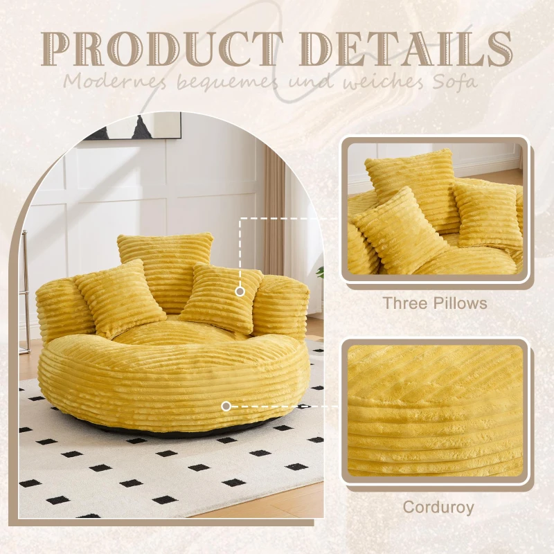 Plush Oversized Bean Bag Chair with High Back & 3 Pillows, Cozy Corduroy Floor Lounger Sofa for Living Room, 108L x 108W x 52H cm, Mustard Yellow