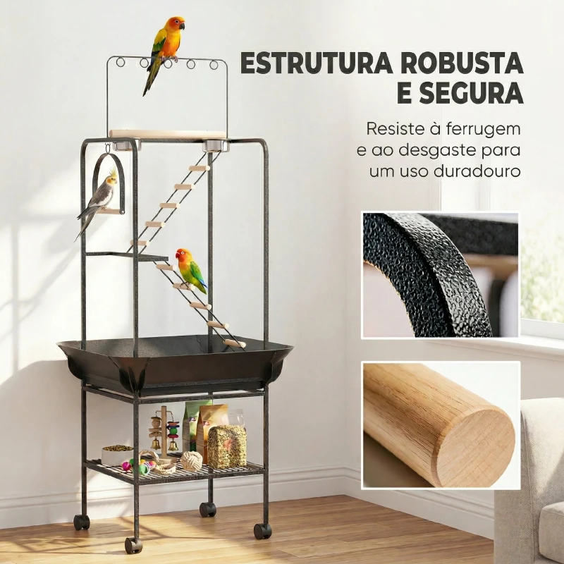 PawHut Parque de Jogos para Pássaros com Rodas Escadas Baloiço Protetor de Sementes Bandeja Comedouros Poleiros 63x63x163 cm