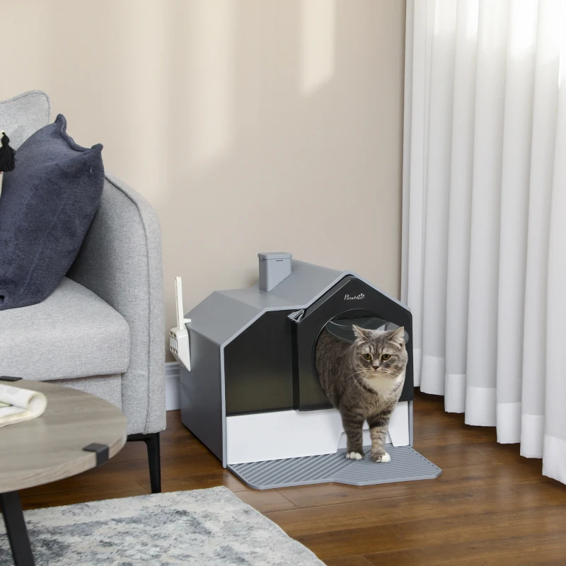 PawHut Lettiera per Gatti Chiusa con Vassoio Estraibile, Tappetino e Paletta Inclusi, 47x45x42cm, Grigio