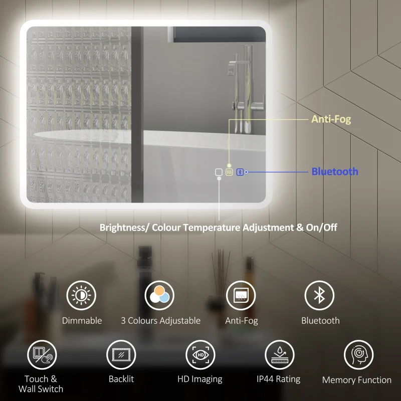 HOMCOM 60 x 80 cm Backlit Illuminated Bathroom Mirror with LED Lights and Bluetooth - Silver Tone