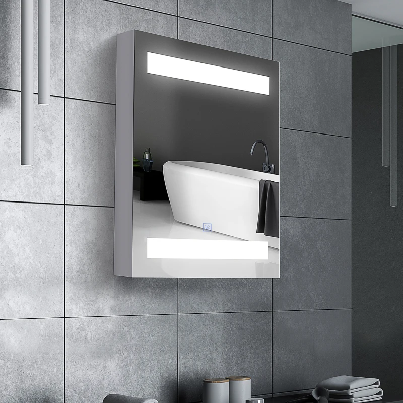 HOMCOM Armadietto Pensile da Bagno con 1 Anta, Specchio e Luci a LED | 2 Ripiani Interni | MDF Bianco (60 x 50 x 15cm)