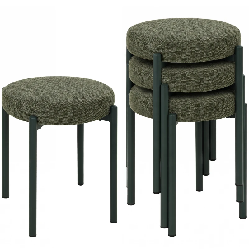 HOMCOM Set 4 taburete stivuibile cu picioare din oțel, aspect de in, pentru sufragerie, living, bucătărie, Verde închis