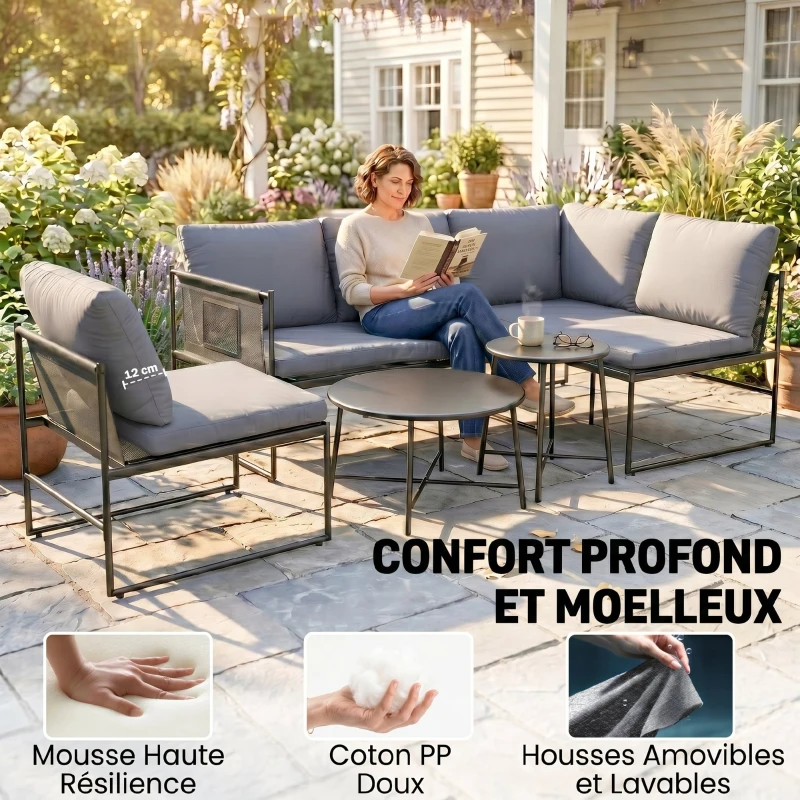 Outsunny Salon de Jardin Extérieur 5 Pièces, 2 Canapés, 2 Tables, 1 Chaise, Pochette de Rangement, 182x167x65cm, Gris Foncé