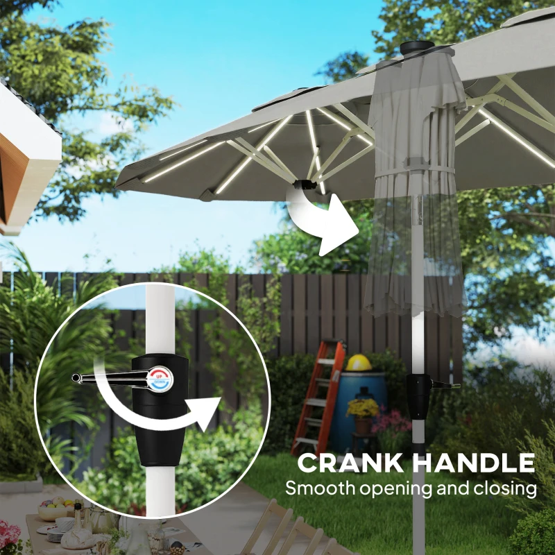 Outsunny 3 m Double-Sided Garden Parasol with LED Solar Lights, Tilt, Outdoor Extra Large Sun Umbrella with Crank Handle, Grey