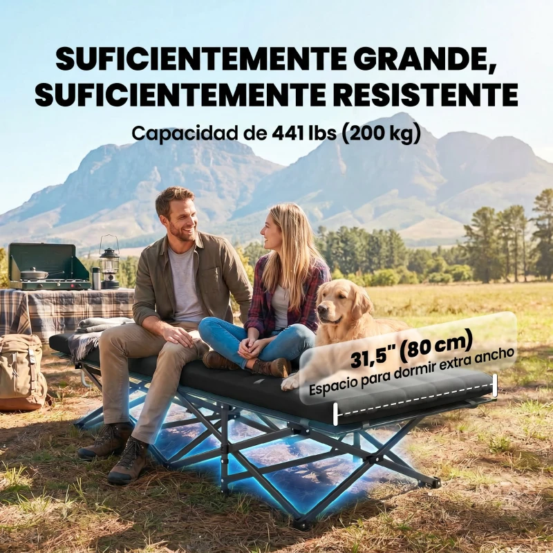 Outsunny Cama Plegable Camping con Colchón Extraíble de Tela Oxford 600D con Reposacabezas y Bolsa Carga 200 kg Negro