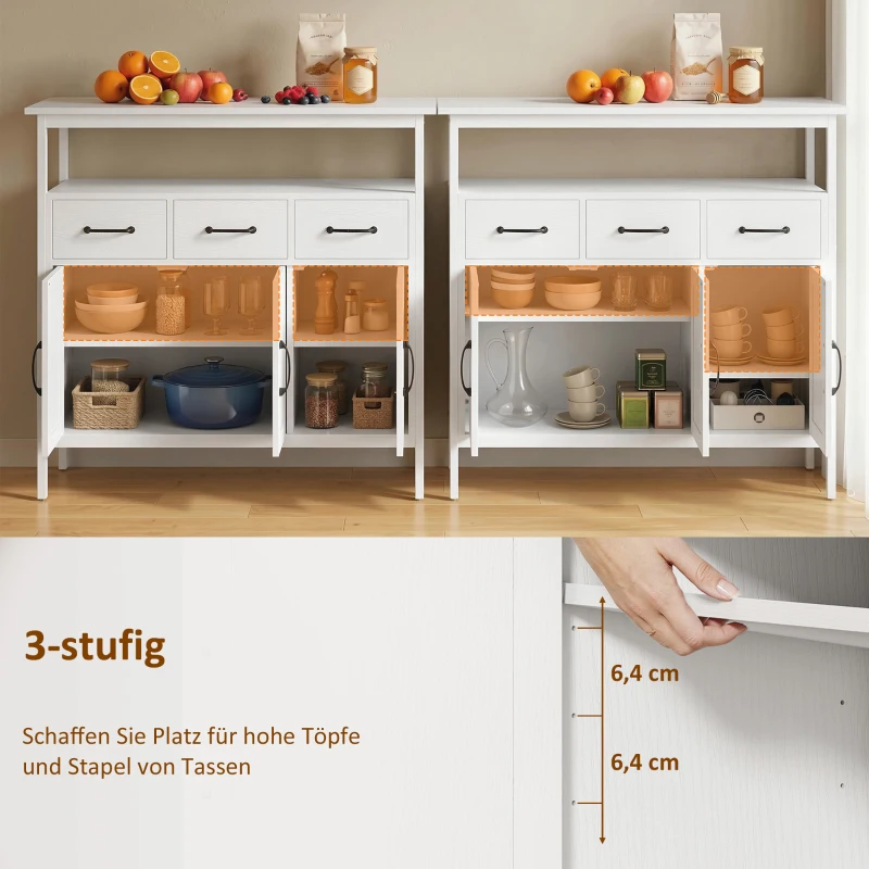 HOMCOM Sideboard mit verstellbaren Einlegeböden, Buffet-Schrank mit 3 Schubladen, 3 Türen , 95 cm, Weiß