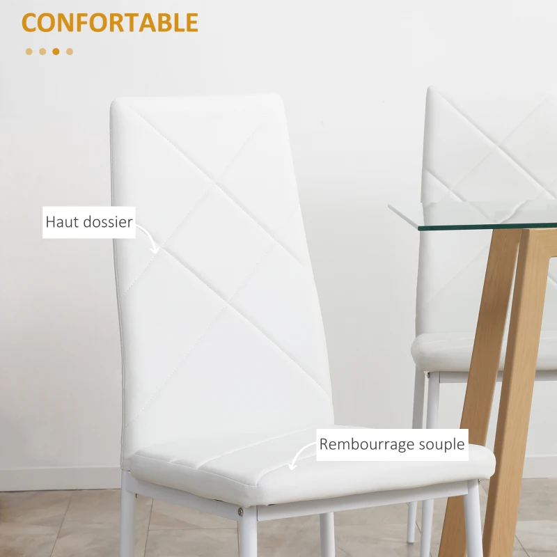 HOMCOM Lot de 4 chaises de salle à manger avec dossier haut, revêtement synthétique et pieds en acier, blanc
