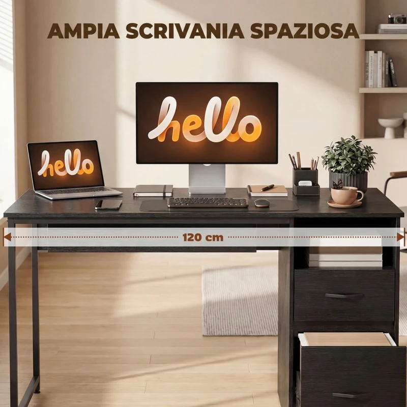 HOMCOM Scrivania Moderna con Cassetti, Ripiani Aperti e Porta Tastiera, in Legno e Acciaio, 120x52.3x76 cm, Nero