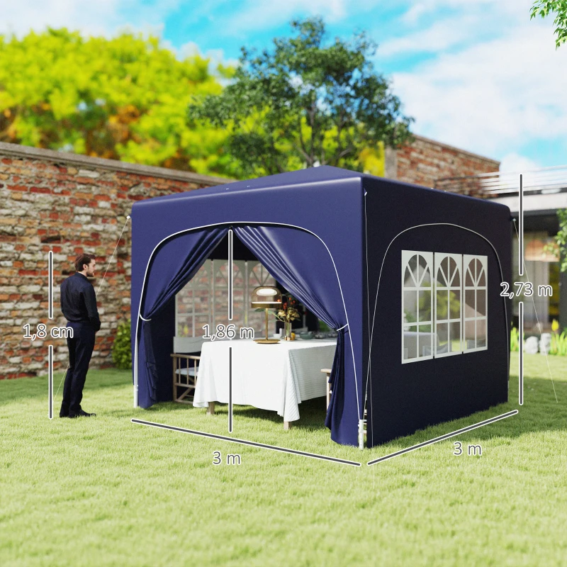 Outsunny Tenda Dobrável 3x3 m com Painéis Laterais UPF50+ Tenda de Jardim com Altura Ajustável e Bolsa de Transporte Azul Escuro