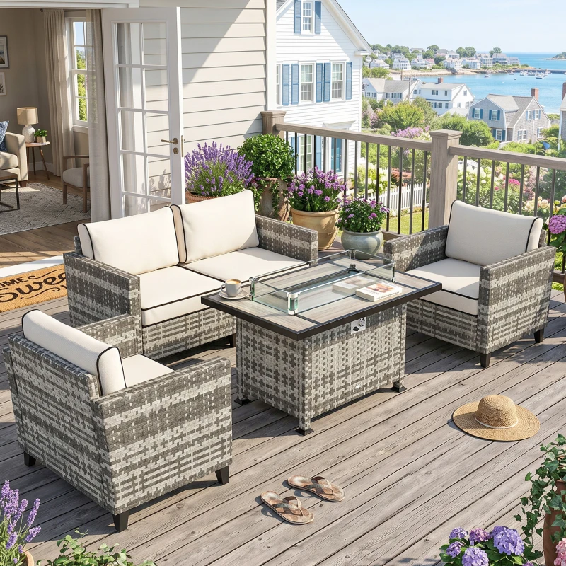 Outsunny 5-Piece Rattan Patio Furniture Set with Gas Fire Pit Table, Loveseat Sofa, Armchairs, Cushions, Pillows, Grey