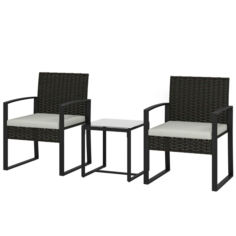Outsunny Conjunto de Móveis de Exterior de 3 Peças em Vime PE com Cadeiras Mesa de Vidro Temperado e Almofadas Marrom e Creme