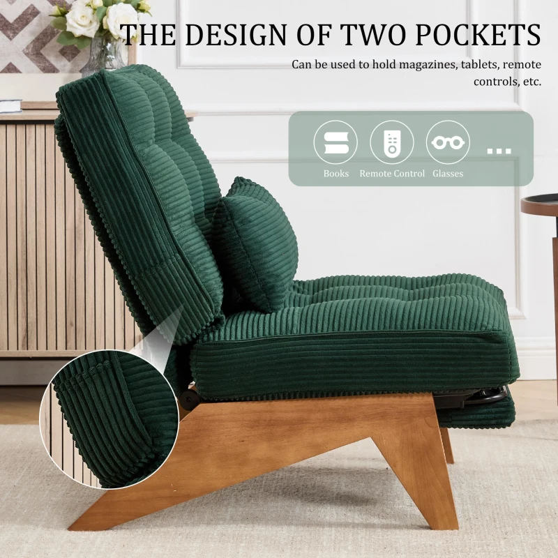 Cozy Reclining Accent Chair with Foldable Ottoman and Lumbar Pillow, Soft Adjustable Lounger for Living Room, 127L x 73W x 90H cm, Emerald