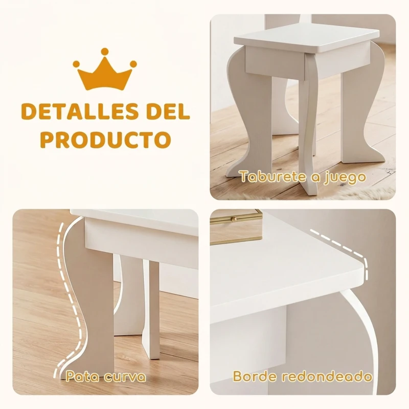 HOMCOM Tocador para Niños con Espejo y Taburete Tocador Infantil Tocador de Maquillaje para Niña de 3 a 6 Años con Cajón Blanco