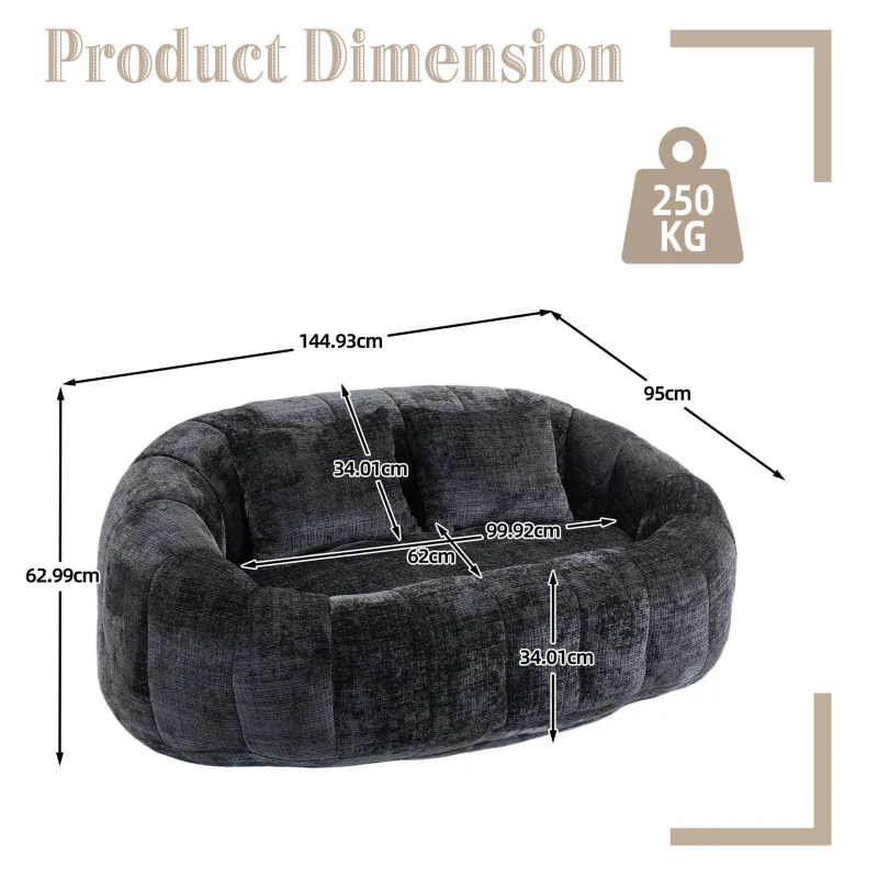 Cozy Oversized Bean Bag Sofa with 2 Matching Pillows, Soft 2-Seat Sectional Couch for Living Room and Bedroom, 145L x 95W x 63H cm, Black