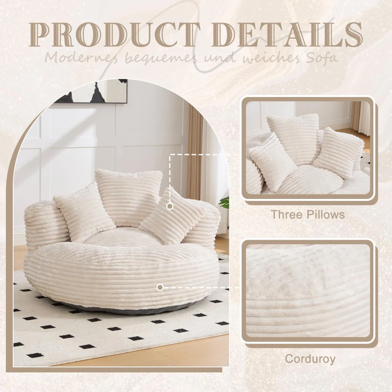 Plush Oversized Bean Bag Chair with High Back & 3 Pillows, Cozy Corduroy Floor Lounger Sofa for Living Room, 108L x 108W x 52H cm, Beige