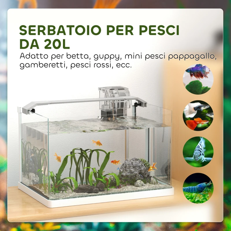 PawHut Acquario in Vetro con Luci LED da 20L, Filtro e Pompa d'Acqua, 38x26x27 cm, Bianco