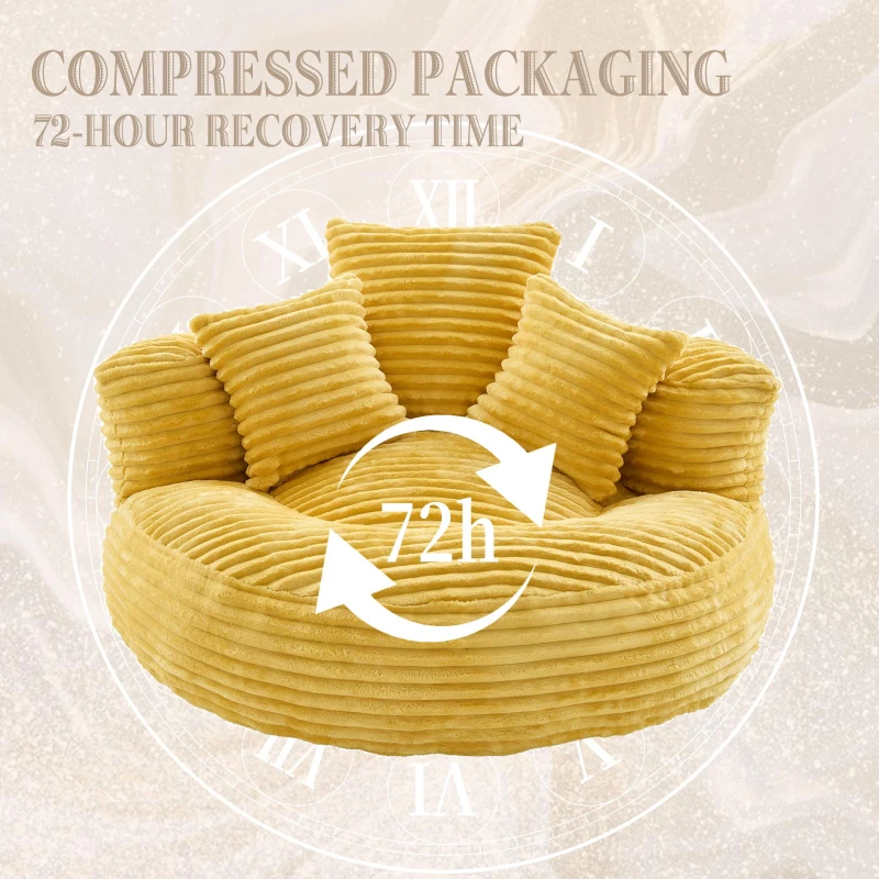 Plush Oversized Bean Bag Chair with High Back & 3 Pillows, Cozy Corduroy Floor Lounger Sofa for Living Room, 108L x 108W x 52H cm, Mustard Yellow