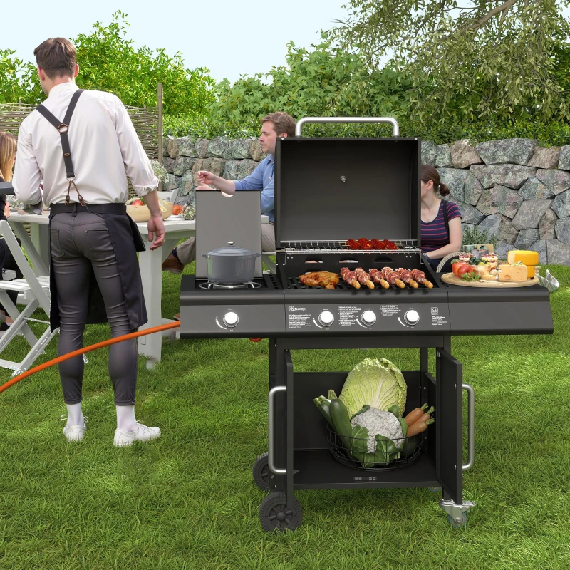 Outsunny Fahrbarer Gasgrill mit Stauraum, Seitentisch, Seitenbrenner, Warmhalterost, Thermometer, Edelstahl, Schwarz