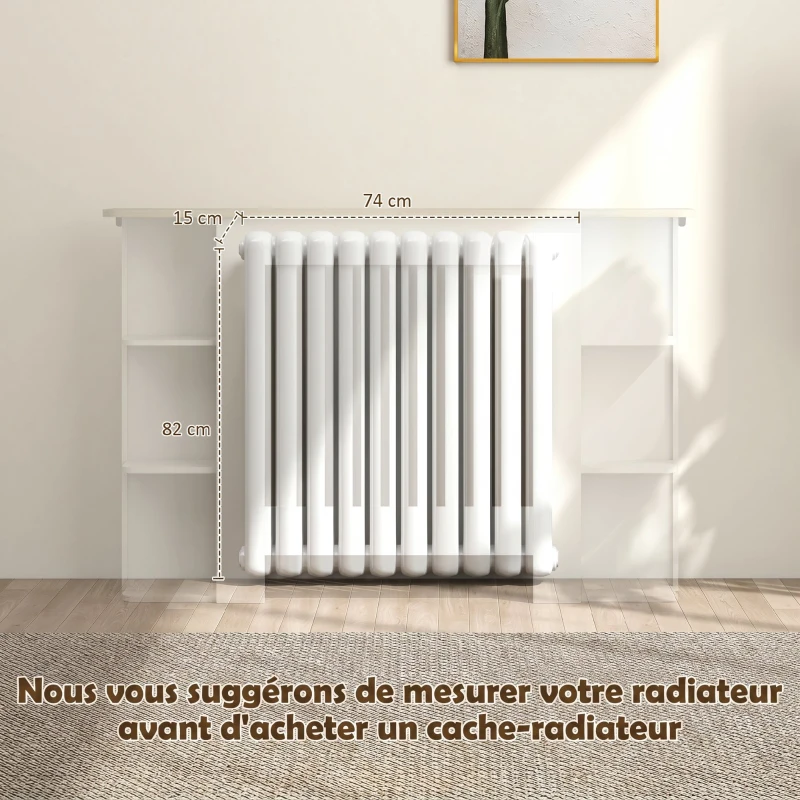 HOMCOM Cache-radiateur avec étagères de rangement ouvertes, couvercle de radiateur en bois à lattes, 124x19x83cm, blanc
