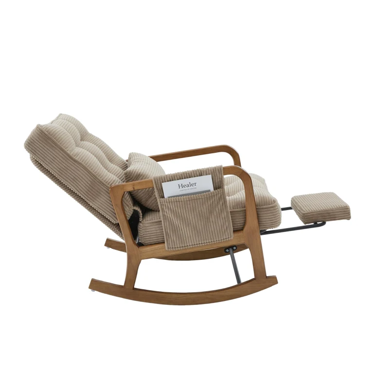 Cozy Rocking Chair with Adjustable Footrest and Side Pocket, Soft Corduroy Glider Armchair for Nursery, 92L x 80W x 70H cm, Khaki