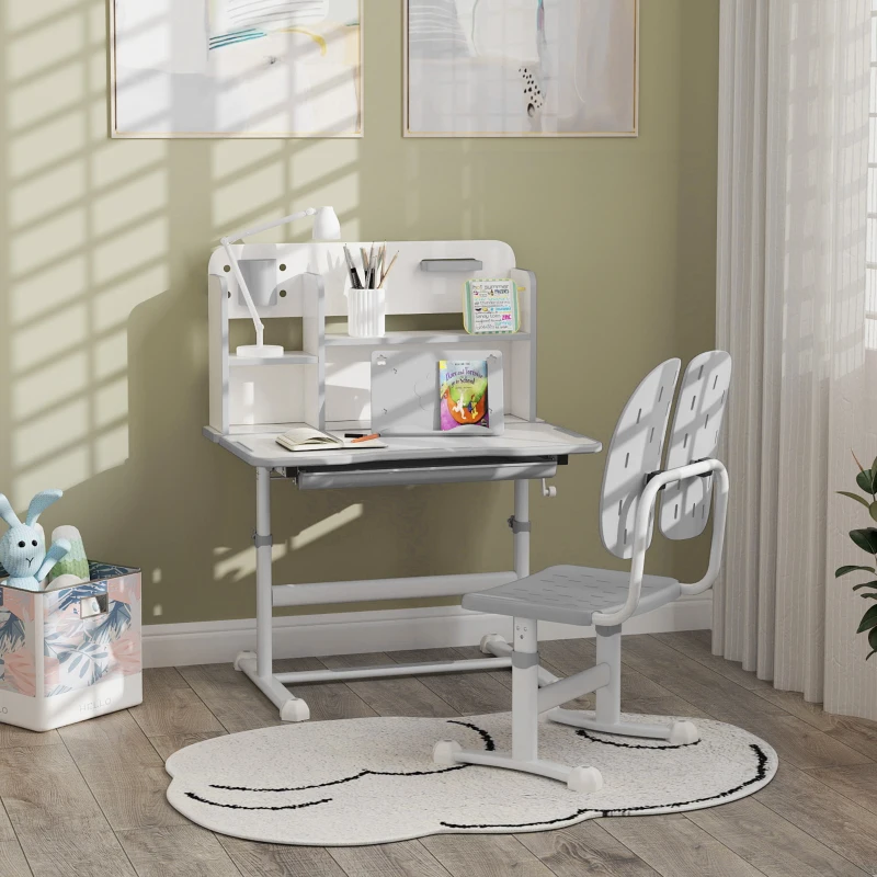 AIYAPLAY Height Adjustable Kids Desk and Chair Set, Children School Study Desk with Tiltable Desktop, Reading Rack, Grey