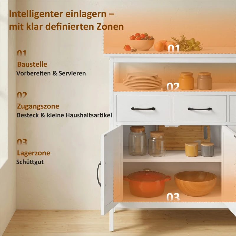 HOMCOM Sideboard mit verstellbaren Einlegeböden, Buffet-Schrank mit 3 Schubladen, 3 Türen , 95 cm, Weiß