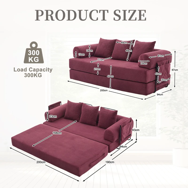 Cozy Compressible Folding Sofa with Detachable Metal Frame, Soft Modular Sectional Couch for Small Apartment, 110L x 33W x 33H cm, Wine Red