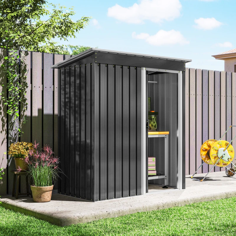 Outsunny Abrigo de Jardim Exterior 1,5 m² 163x89x182 cm Abrigo Metálico para Ferramentas com Porta de Correr e Teto Inclinado Preto