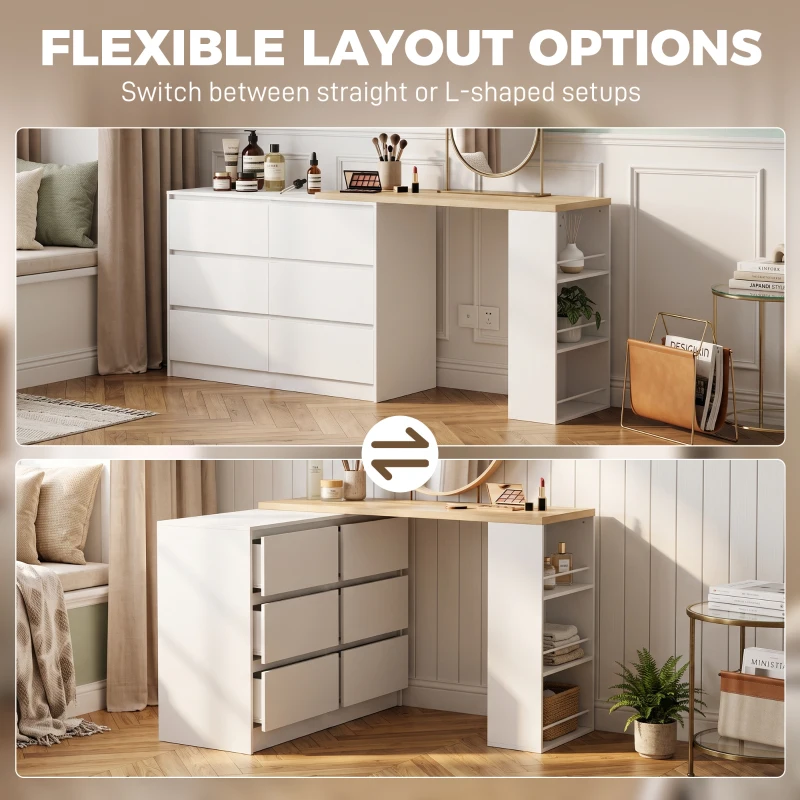 HOMCOM Vanity Table, Dressing Table with 6 Drawers and 3-Tier Shelf for Women and Girls, White
