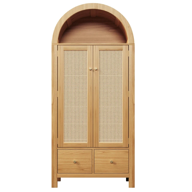 Country-Style Rattan Wardrobe with Semi-Circular Storage Area, Stylish Storage Cabinet for Bedrooms and Entryways, 78L x 45W x 181H cm, Oak