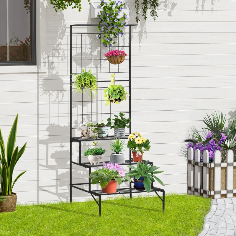 Outsunny Suporte para Plantas com Treliça de Metal Suporte para Vasos Plantas Trepadeiras com 3 Prateleiras para Terraço Balcão Jardim Exterior e Interior 60x53,5x159,5cm Preto