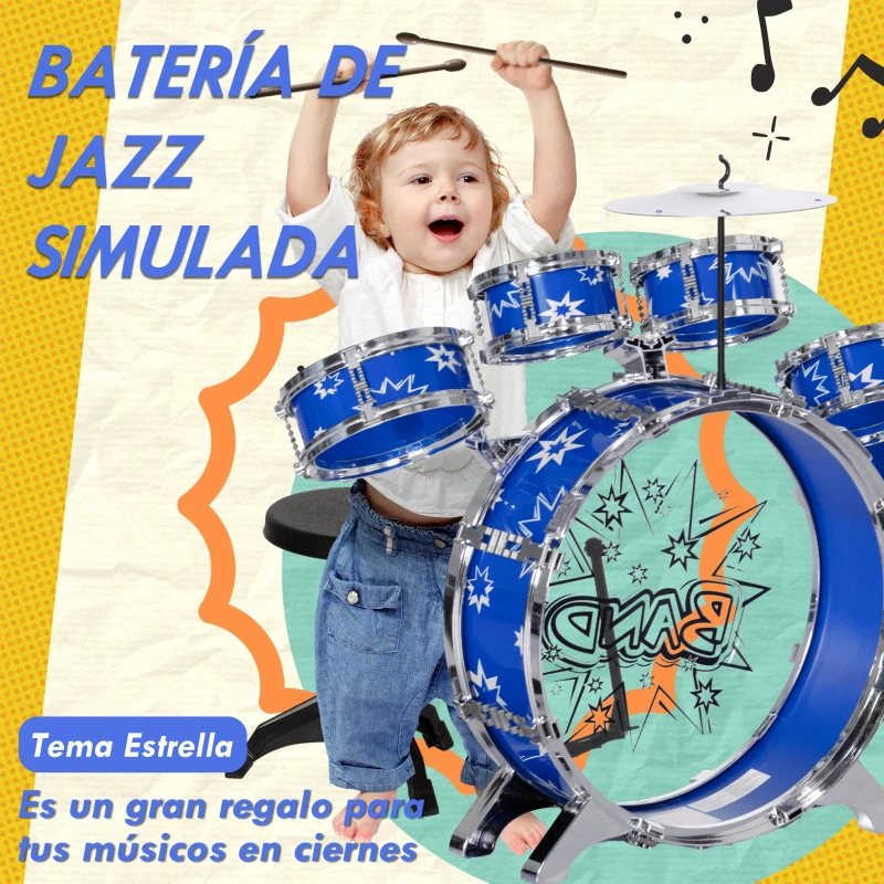 AIYAPLAY Batería para Niños de +3 Años con Tambores Bombo Platillo Pedal y Baquetas Diseño con Tema de Estrellas 65x22x57 cm Azul