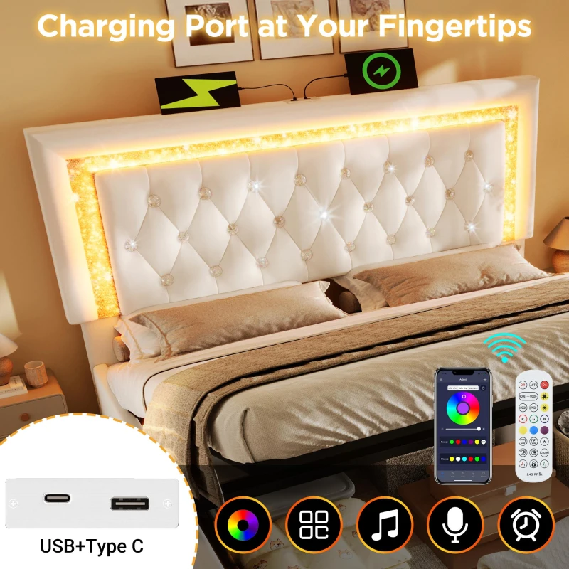 Smart Double Bed with Height-Adjustable Headboard, Stylish Bed Frame for Contemporary Bedrooms, 204L x 145W x 108H cm, Beige