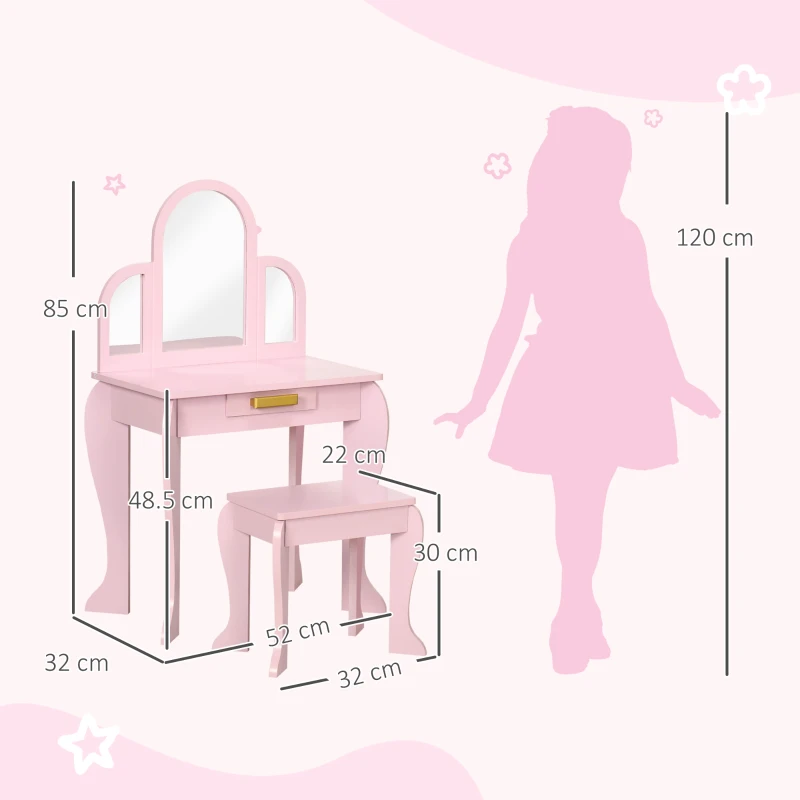 HOMCOM Tavolo per Trucco per Bambine 3-6 Anni con Sgabello, Cassetti e Specchio Coordinato in Acrilico, Rosa