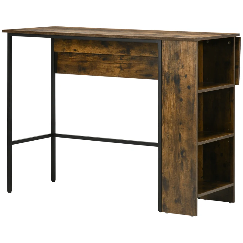 HOMCOM Ilot centra table de bar plateau latéral  rabattable et 3 étagères 120 x 76 x 91,4 cm Brun Rustique