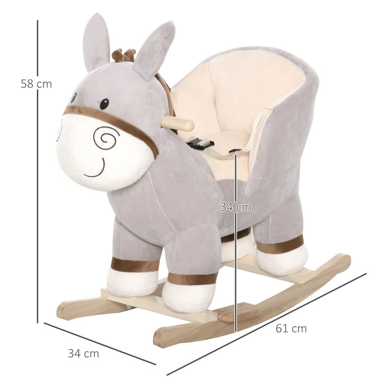 HOMCOM Cheval à Bascule modèle âne Fonction Musicale Selle Grand Confort Peluche Courte Douce Bois peuplier Gris dim. 61L x 34l x 58H cm