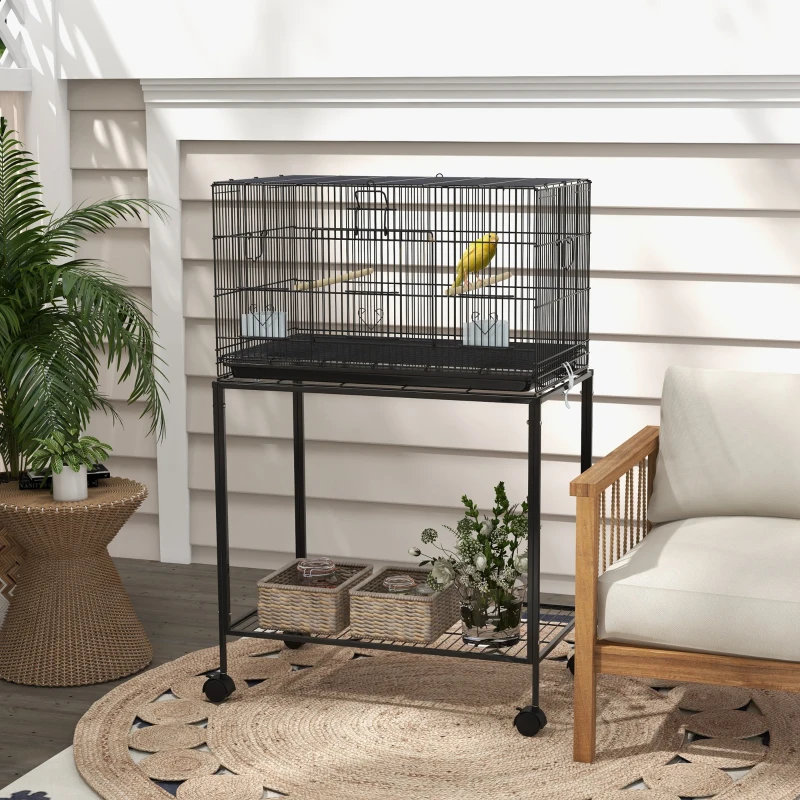 PawHut Gaiola para Pássaros com Rodas 77x46x119 cm Bandeja Amovível 2 Poleiros 2 Comedouros e Prateleira de Armazenamento Preto
