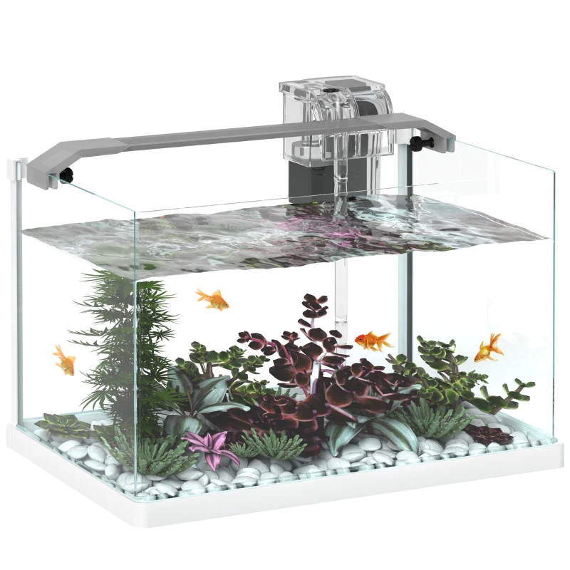 PawHut Acvariu din sticlă cu lumini LED de 20L, filtru și pompă de apă, 38x26x27 cm, alb