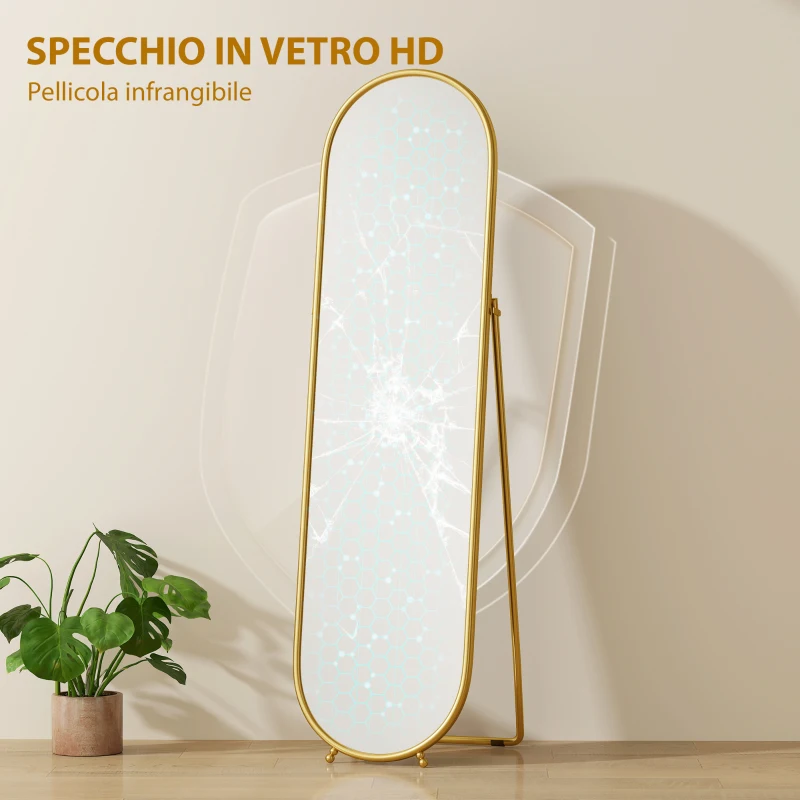 HOMCOM Specchio a Figura Intera da Terra con Supporto Pieghevole, Vetro e Metallo, 50x4x180 cm, Oro