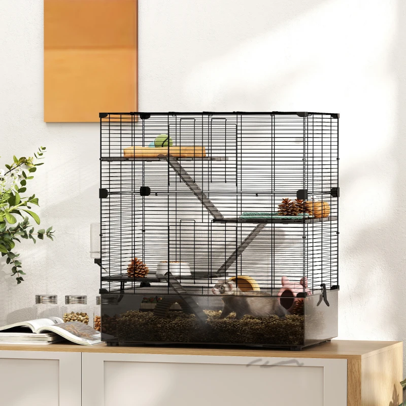 PawHut Jaula para Animales Pequeños con Múltiples Niveles Bandeja y Accesorios Incluidos 73x47x80 cm Negro