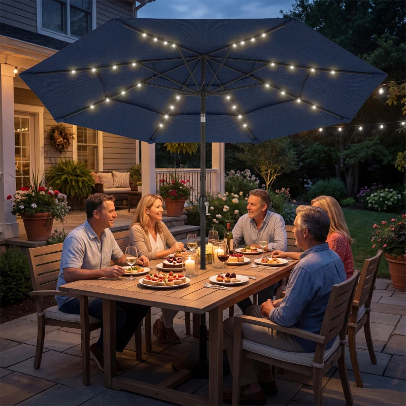 Outsunny 2.8 m Garden Parasol Umbrella with LED Solar Light, Parasol Cover, 3 Tier Outdoor Table Market Patio Umbrella, Navy Blue
