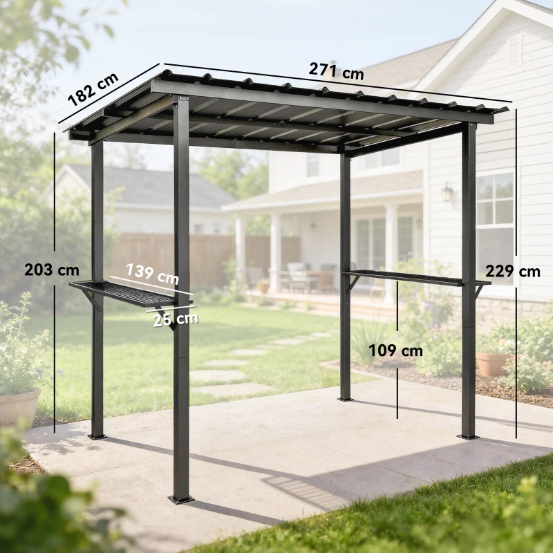 Outsunny Grillpavillon 2,71 x 1,82 m Gartenpavillon mit Pultdach, Seitenregalen UV-Schutz 50+ Schwarz